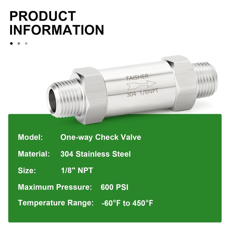 TAISHER 1PCS 304 Stainless Steel 1/8" NPT Male Check Valve,Backflow