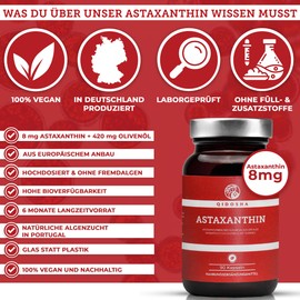 QIDOSHA® Astaxanthin aus EU-Rohstoffen & Olivenöl, 90 Stk/Glas, 8mg Astaxanthin je Kapsel, flüssiges Astaxanthin hochdosiert aus portugiesischer Algenzucht (8mg Astaxanthin)