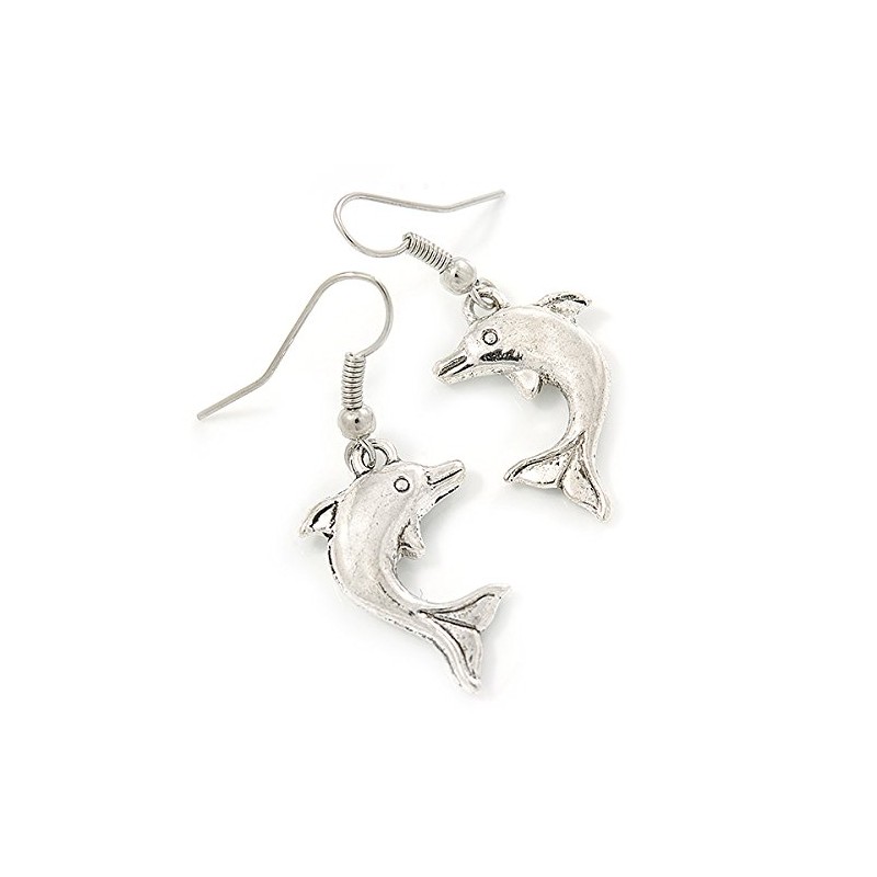 Cute Dolphin Drop Earrings/Silver Tone/ 40mm L