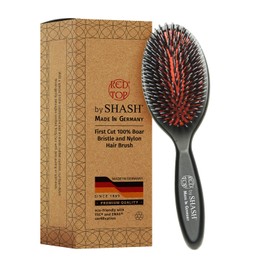 SHASH Since 1869 Hand Made In Germany - Nylon, 100% First Cut Boar Bristle Brush Suitable For Normal to Thick Hair - Gently Detangles, No Pulling or Split Ends - Softens Improves Texture, (Medium)