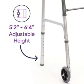 Folding Walker with Wheels - Two Button Walkers for Seniors Lightweight with Silver Steel Frame - Height Adjustable Adult Walker with 350 lbs Weight Capacity