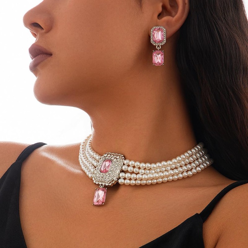 fxmimior Women Boho 1920s Pearls Choker Necklaces Earrings Set Gold