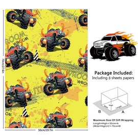 Monster Truck Wrapping Paper for Boys Kids Girls, Off Road Vehicles Racing Car Gift Wrap 8 Sheets Folded Flat 20x28 inches for Birthday Baby Shower Holiday