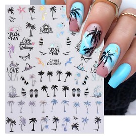 IDDFEVE Summer Palm Tree Nail Art Stickers - Glitter Beach Mermaid Self-Adhesive Nail Decals for DIY Anchor Shell Coconut Tree Flamingo Manicure (6 Sheets)
