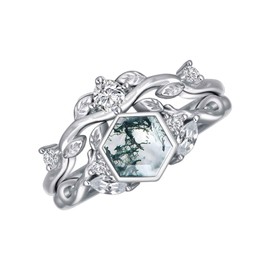 Plesitep Natural Moss Agate Leaf Rings Set 925 Sterling Silver Moss Agate Engagement Ring 1ct Green Moss Agate Rings Set Anniversary Day for Women, 9, Sterling Silver, Agate