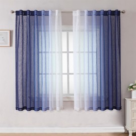 MIUCO Ombre Linen Curtains 63 Inch Length for Bedroom Living Room, Navy Blue and White Semi Sheer Curtains, Light Filtering Curtains, Boho Curtains Farmhouse Drapes, Rod Pocket & Back Tab 2 Panels Set