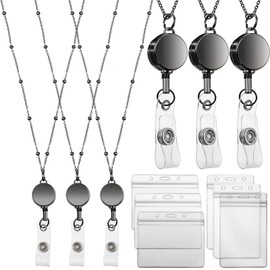 Zonon Retractable Badge Reel Lanyard with ID Holder, 3 Pieces Beaded Badge Lanyard Necklace with 6 Waterproof Name Card Holder Stainless Steel ID Necklace for Women Men(Gray)