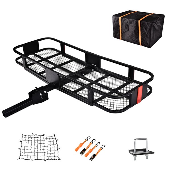TITIMO 60"x21"x6" Folding Hitch Mount Cargo Carrier - Luggage Basket Fits 2" Receiver - Rear Rack for SUV, Truck, Car(Includes Net, Ratchet Straps, Waterproof Cover) - 550LB Capacity