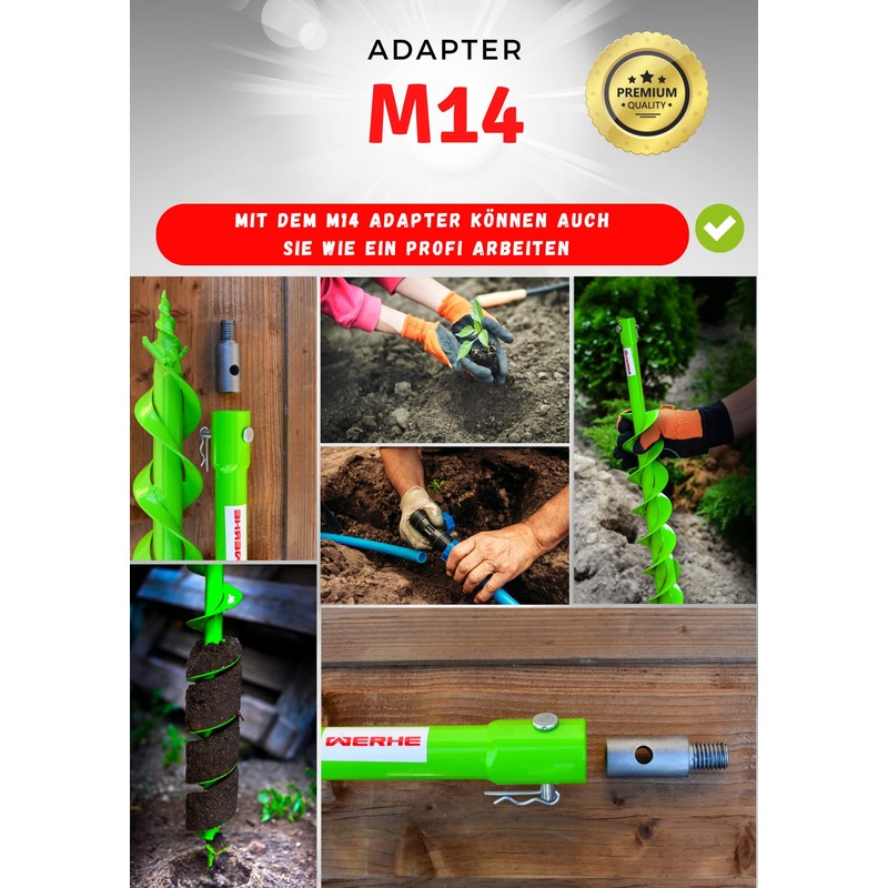WERHE® Adapter M14 for Earth Auger with Quick Wing Bolts,
