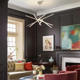 HOGBU Modern Chandelier Light Fixtures - LED 6-Lights Silver Dining Room Linear Chandeliers Sputnik Pendant Lights Fixture Over Table 3000K 4500K 6000K Dimmable for Living Room Kitchen Island