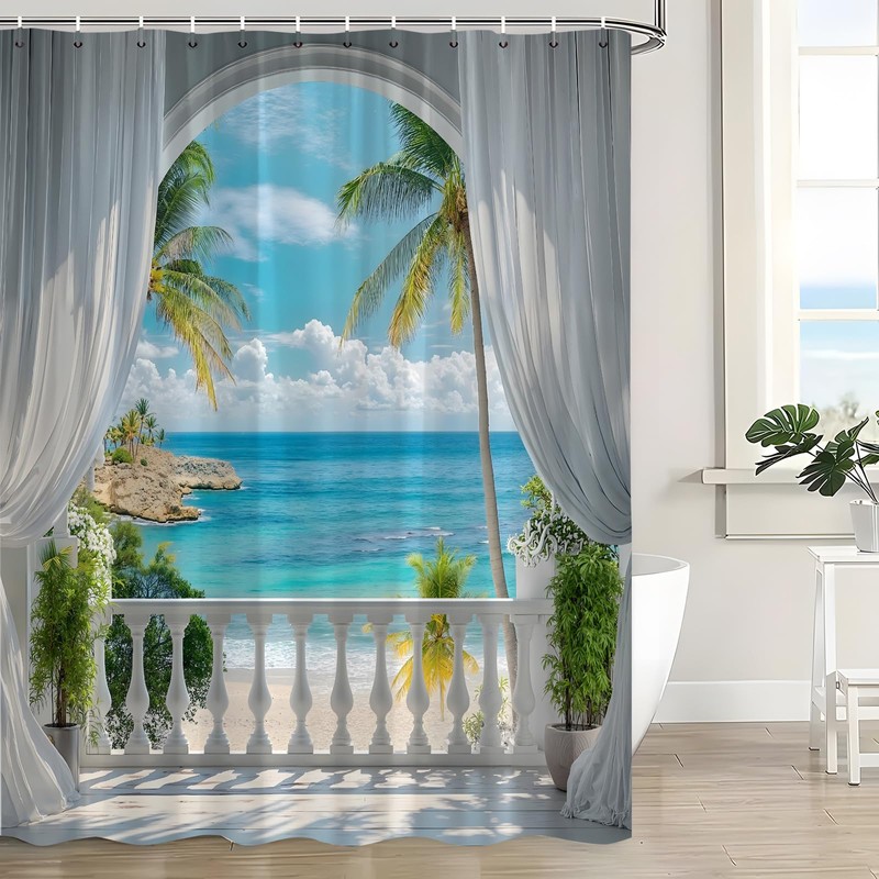 HUSPWP Ocean Beach Shower Curtain, Tropical Hawaiian 70x70IN