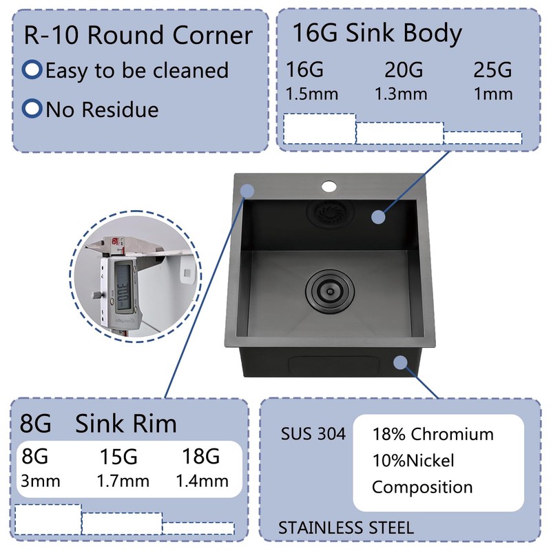 VALISY 18x18 Inch Black Bar Sink Drop In, Topmount Stainless