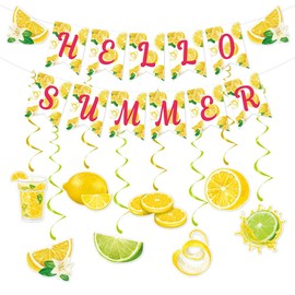 Summer Party Decoration 18 PCS,Hello Summer Banner Bunting With Lemon Hanging Swirls,Hawaiian Party Bunting For Summer Lemon Theme Fruit Birthday Beach Pool Garden Party Decorations