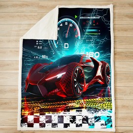 Race Sports Car Fleece Throw Blanket Throw 50"x60" Kids Racing Car Plush Blanket for Bed Sofa Couch Boys Girls Extreme Sports Sherpa Blanket Black White Plaid Buffalo Check Fuzzy Blanket Room Decor
