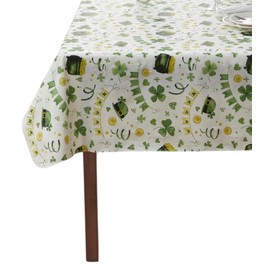 St. Patrick's Day Irish Vinyl Flannel Backed Tablecloth for Dining Room Kitchen Table Decor: St. Pat's Lucky Shamrock Clovers Green White Yellow Gold (St. Pats Holiday, 60" x 90")