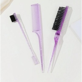 3-Piece Hair Styling Comb Set, Glitter Rat Tail Comb, Edge Control Brush, Pink/Clear (Purple)