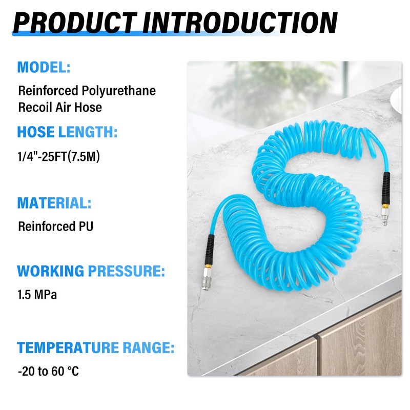 TAILONZ PNEUMATIC 1/4" x 7.5M Reinforced Polyurethane Recoil Air Hose