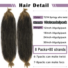 Springy Afro Twist Hair 8 Packs Marley Twist Braiding Hair Pre Separated Spring Twist Hair for Faux Locs Crochet Hair Kinky Twist for Braiding Synthetic Hair Extensions (T27#, 30inch(Pack of 8)