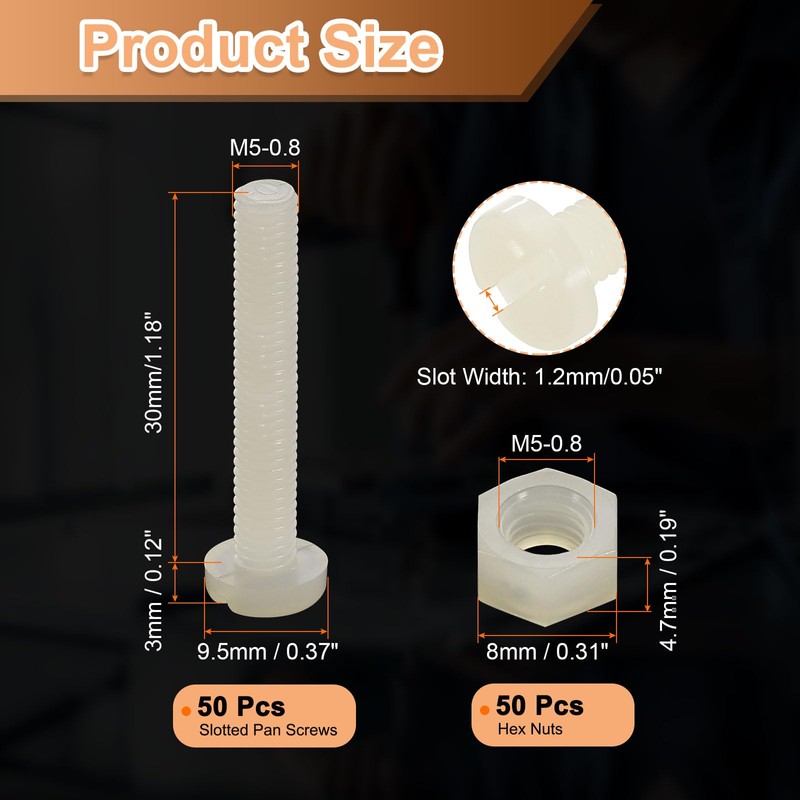sourcing map 50Sets Nylon Screw Nut Assortment, M5-0.8x30mm Slotted Pan