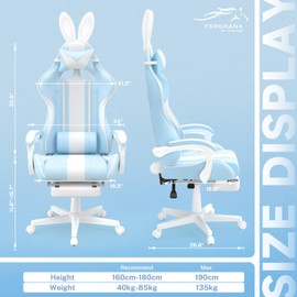 Ferghana Kawaii Light Blue Gaming Chair with Bunny Ears, Ergonomic Cute Gamer Chair with Footrest and Massage, Racing Reclining Leather Computer Game Chair for Girls Adults Teens Kids