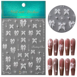 Lace Bow-Knot Nail Art Stickers 5D Embossed White Lace Pearl Bow Nail Stickers Cute Bow Nail Decals Pearl Rhinestone Nail Designs Nail Art Supplies for Women Girls DIY Nail Art Decorations 1Sheets