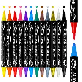 TIIKKASI Acrylic Paint Pens Set, 12 Colors Dual Tip, Permanent Poster Markers - 5mm Medium Dot Tip & Brush Tip - for Coloring, Fabric, Canvas, Rock, Glass, Wood, Paper, DIY Crafts, Art Supplies
