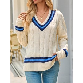 Saodimallsu Womens V Neck Cable Knit Sweaters Long Sleeve Color Block Preppy Sweater Fall Loose Casual Pullover Tops Beige