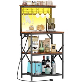 Furologee Bakers Rack with Power Outlet and LED Light, Small Microwave Stand with 4 Tier Shelves, Coffee Bar Station Table with 6 S Hooks, Kitchen Storage Rack for Spices, Pots, Rustic Brown