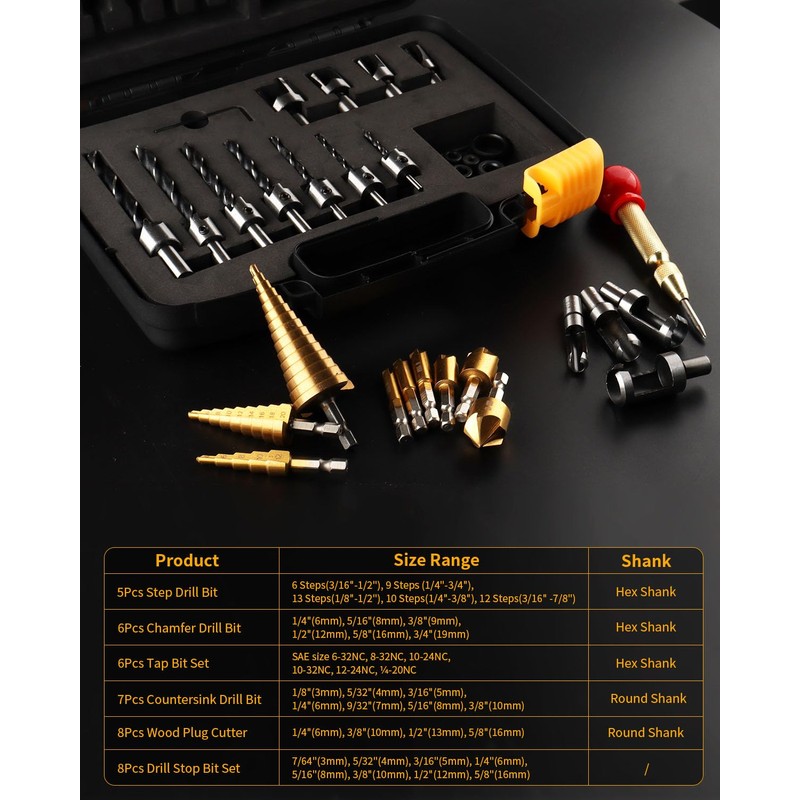 ZORUNNA 34 Pcs Woodworking Chamfer Drilling Tools Including 6 Countersink