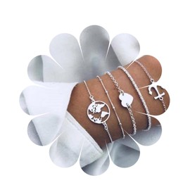 Aneneiceera Simple Love Sequin Bracelet Anchor Hand Chain Boho World Map Silver Cauliflower Chain Bracelets Hand Chain Set Jewellery Gifts for Women Teenage Girls 5-Piece Set, Metal