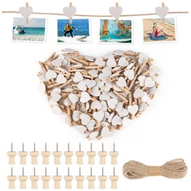 Pack of 100 Heart Clothes Pegs, Mini Wooden Pegs, White with 20 m Jute String and 20 Picture Needles, Small Clips for Hanging Photos, Wooden Clothes Pegs, Small for Photos, Photo Wall, Postcards