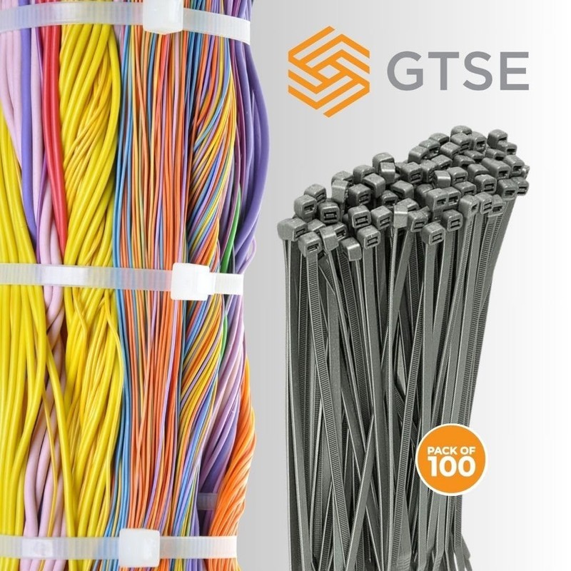GTSE 8” Silver/Grey Zip Ties, 100 Pack, 18lb Strength, UV