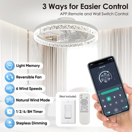 Ceiling Fans with Lights，18" Low Profile Ceiling Fan with APP and Remote Control, 3000-6000K & Brightness Dimmable Fandelier Flush Mount LED Fan Light For bedroom,office Living room- Diamond White