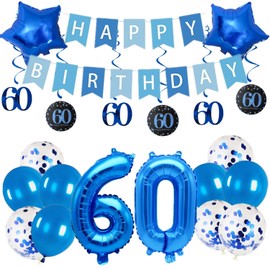 Pargleev 60th Birthday Party Decorations for Men Women in Blue Comprise Balloons with Swirl Decorations, A Happy Birthday Banner, A Set of 16-Inch "60" Numbers and Star Foil Balloons in Blue.
