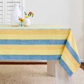 Solino Home Linen Tablecloth 60 x 108 Inch - 100% Pure Linen Bright Summer Stripe Table Cloth for Rectangle Tables - Cabana Stripe, Machine Washable Tablecloth for Summer