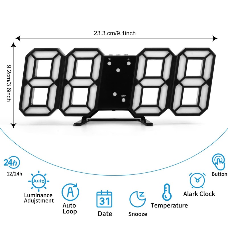 DSLIHA 3D Digital Alarm Clock for Bedrooms, LED Desk USB