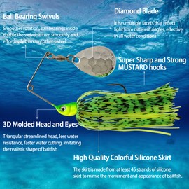 Eupheng Spinner Baits for Bass Fishing Multi-Color Kits, Double Willow & Colorado Blades with Silicone Hubbed Skirt Bass spinner baits, Available in 1/4oz, 3/8oz, 1/2oz, 1/8oz, 3/16oz