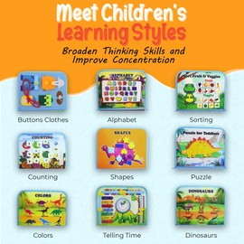 Sensorfun Toddler Dinosaur Themed Busy Book Montessori Toys for 2 3 4 Year Old, Sensory Board Educational Activities for Learning Fine Motor Skills, Travel Toys for Airplane and Car