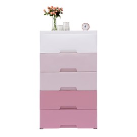 LINISHOP 5-Tier Clothes Storage Cabinet Stackable Closet Organizer Shelf Storage Drawers & Boxes Toys Storage Furniture Home Bedroom 17.1 * 11.4 * 31.5in PP Gradient Pink New