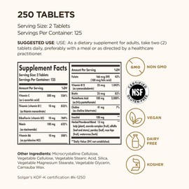 Solgar B-Complex with Vitamin C Stress Formula, 250 Tablets - Energy Metabolism, Nervous System & Immune Support - Non-GMO, Vegan, Gluten Free, Dairy Free, Kosher - 125 Servings