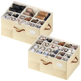 MSTONAL Shoe Organizer for Closet, 2 Pack Shoe Storage Containers with Adjustable Dividers, Space Saving Shoe Box Storage Organizers Bins with Clear Lid & 4 Handles, Fits 24-48 Pairs, Beige