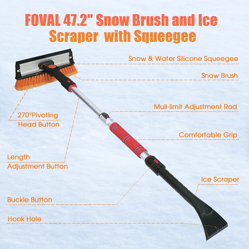 FOVAL FOVAL 47.2" Extendable Ice Scraper Snow Brush with Squeegee