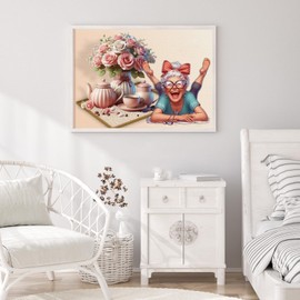 GUMITOON Old Lady and Tea Set Diamond Art Kits for Adults-Full Drill Diamond Dots Paintings for Beginners, Round 5D Paint with Diamonds Pictures Gem Art Painting Kits DIY Crafts Kits 16"x12" QCY-116