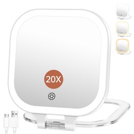 FASCINATE Compact Travel Makeup Mirror with Lights and Magnification, 3.5 inch Portable 1X/20X Magnifying Mirror with 3 Color Light, Folding, Handheld (White)