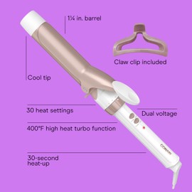 Conair Double Ceramic 1 ¼-Inch Curling Iron with Claw Clip, 1 ¼ -Inch Barrel Creates Loose Curls, Hair Curler for Use on Medium & Long Hair, White/Rose Gold