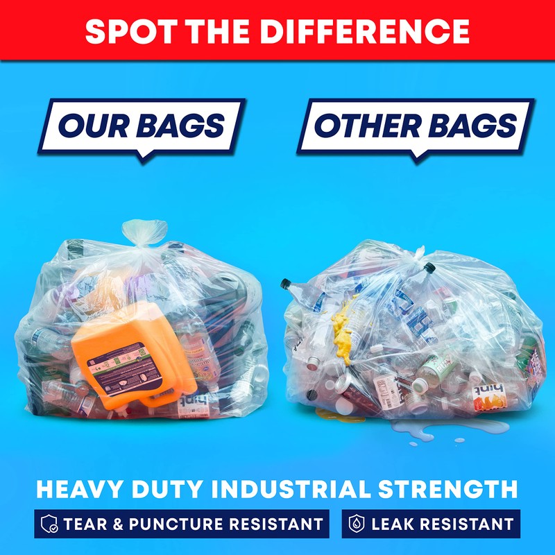 55 Gallon Clear Trash Bags, (50 Bags w/Ties) Large Clear
