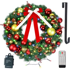 24" Christmas Wreath with Remote LED String Lights - Prelit Xmas Door Wreath - Artificial Pine Garland - Battery Operated Lights with Timer - Including Wreath Hanger, Ornaments Decorations - 24 Inch