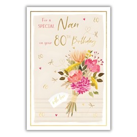 Nan 80th Birthday Card - Age 80 - Floral Bouquet and Dragonflies - Special Finishes and Illustrated Insert Leaf - Made in the UK