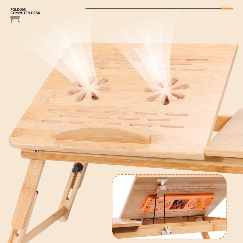 JELNER Adjustable Bamboo Laptop Desk with Cooling Fan, Foldable Bed