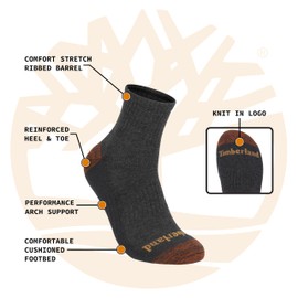 Timberland Mens Socks, Comfort Quarter Socks, Arch Support, Padded Cushion, Moisture Control (Size 7-12, Multiple Colors; Assorted 6 Pack)